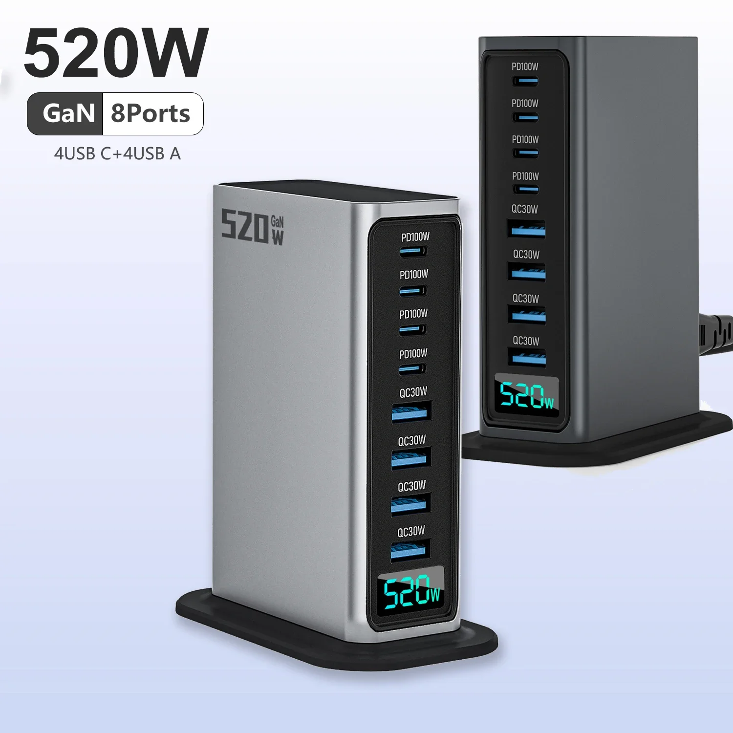 520W 8-Port Desktop GaN Charger with LED Digital Power Display, USB C 100W PD3.0 Fast Charging