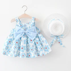 2Piece Summer Clothes Baby Girl Beach Dresses Casual Fashion Print Cute Bow Flower Princess Dress+Hat Newborn Clothing Set BC171