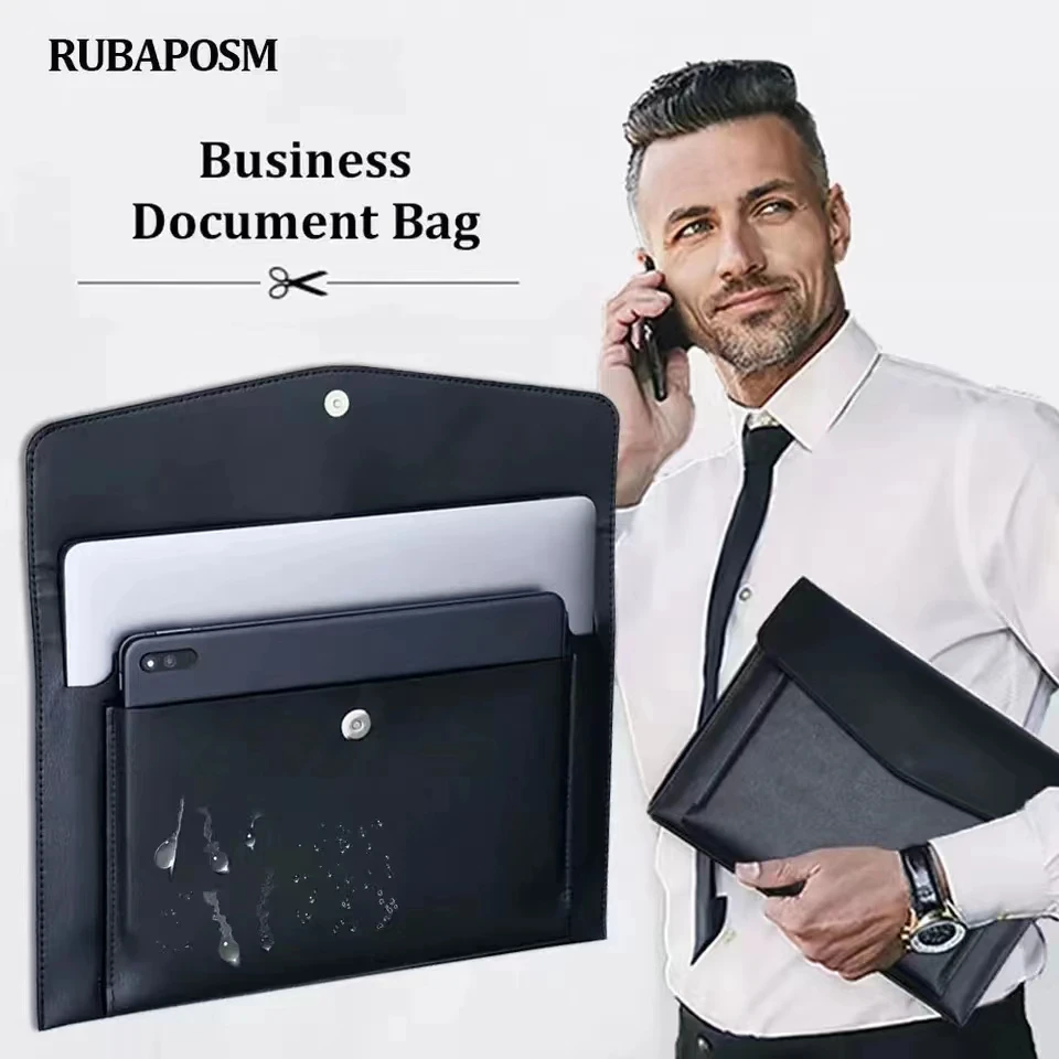 A4 Leather File Folder Large Capacity Document Bag Business Briefcase Magnetic Button Waterproof Laptop Cases Office Organizer