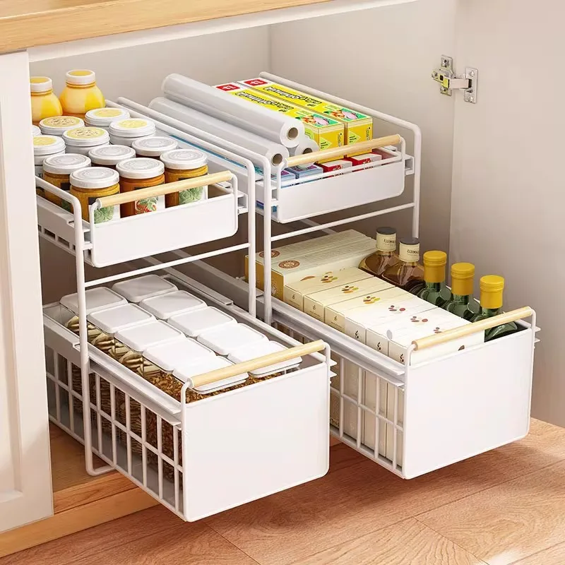 

Under Sink Pull Out Organizer, Stainless Steel Double Layer Rack, Multi-Function Cabinet Drawer Basket for Kitchen Storage