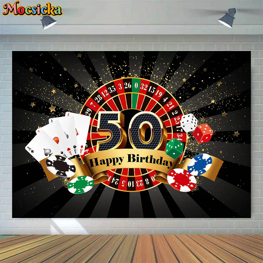 

Mocsicka 50th Happy Birthday Backdrop Photography Las Vegas Casino Dice Poker Men's Birthday Party Photo Background Decor Banner