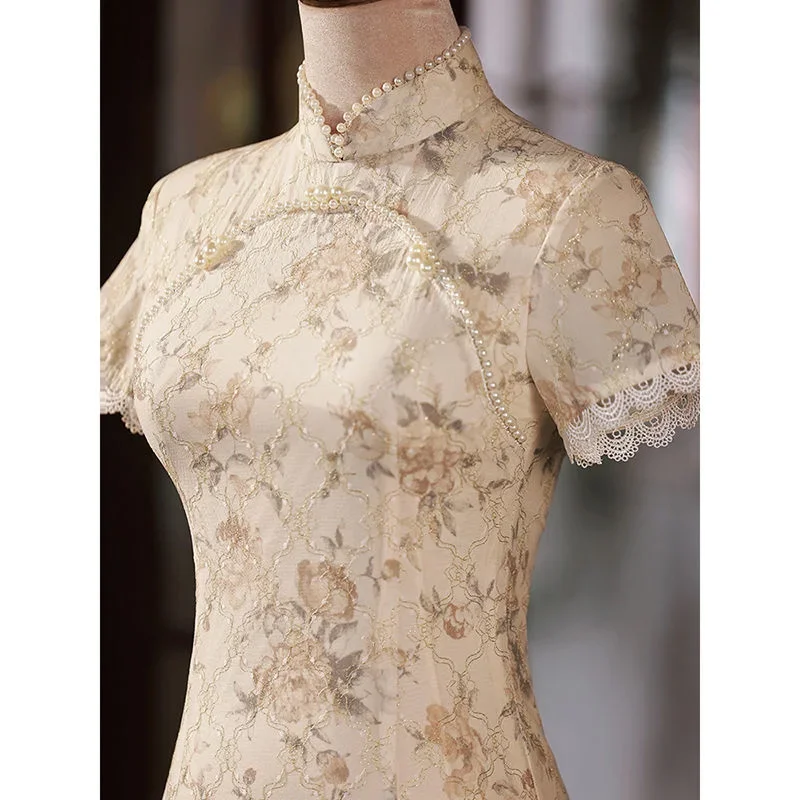 

Summer New Gold Jacquard Beaded Chiffon Long Cheongsam Women Chinese Traditiona Retro Slim Fashion Modern Dress Girl China Qipao
