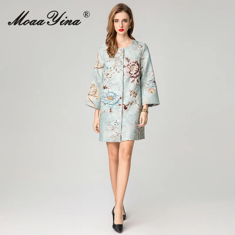 معطف MoaaYina لخريف وشتاء 2025 للسيدات جديد عصري برقبة دائرية وأكمام طويلة من قماش الجاكار وخرز للأظافر سترة واقية من الرياح #2