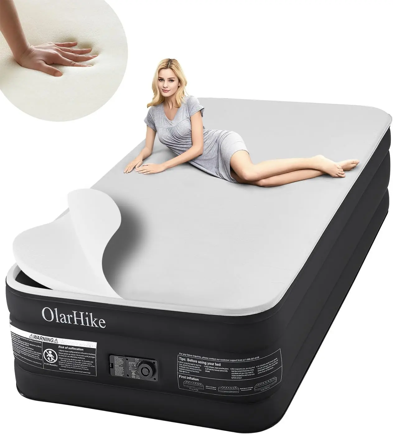 

OlarHike Signature Collection Twin Air Mattress with Built in Pump,18” Luxury Air Mattress with Silk Foam Topper for Camping