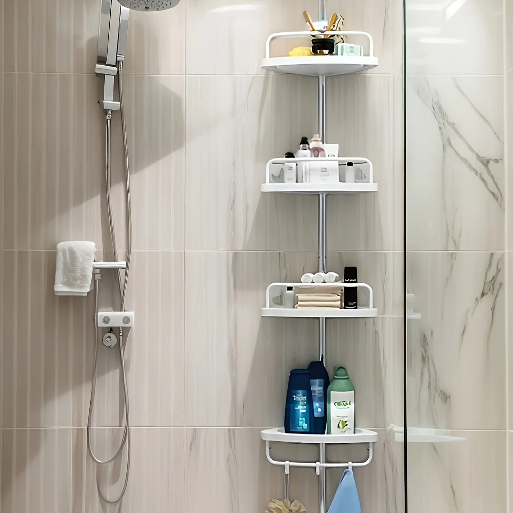 

Corner Shower Rack with Tension Rod - Rustproof Bathtub Storage Shelf, 4 Adjustable Shelves for Bathroom Storage & Essentials
