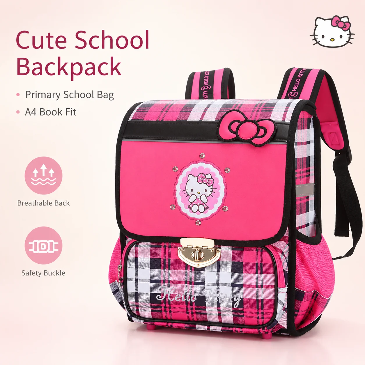 Sac à dos à carreaux Sanrio Hello Kitty, mignon, ergonomique, soulageant le dos, grande capacité, pour enfants et étudiants