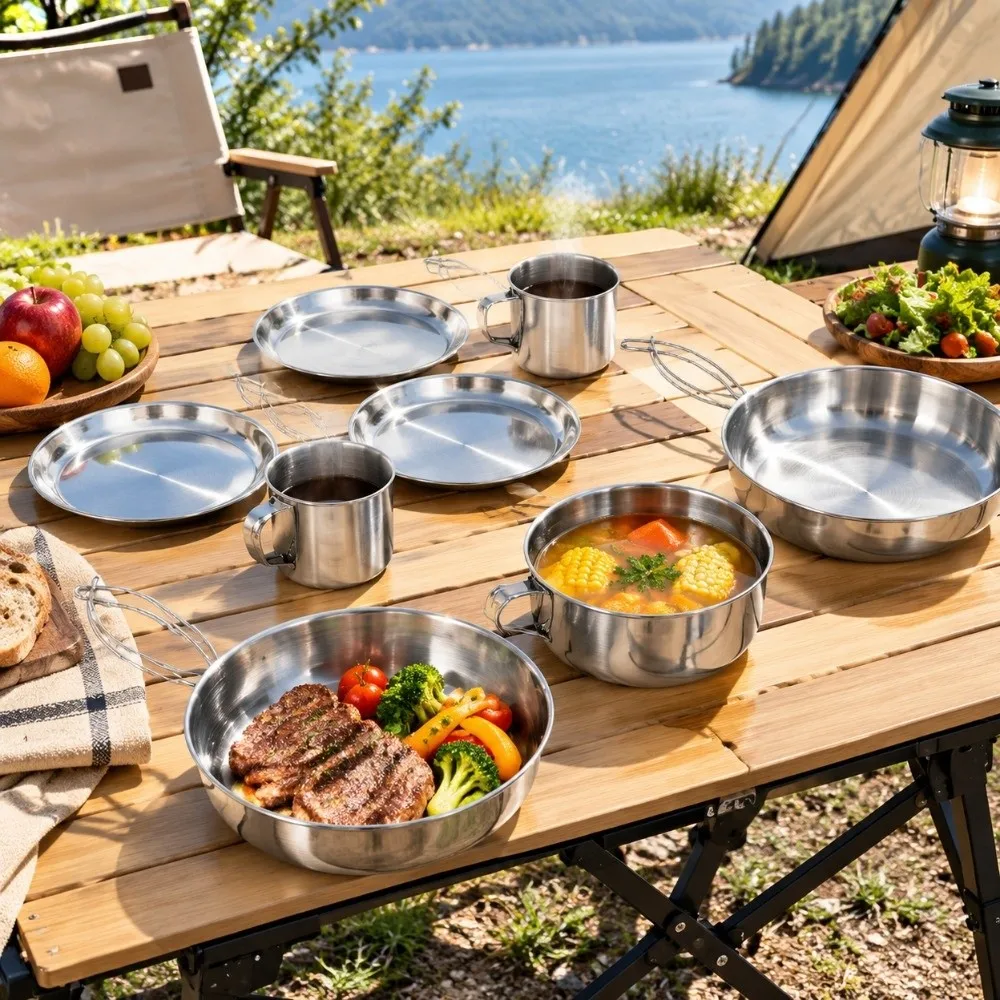 8 Pcs Compact Stainless Steel Cookware Set Stackable 3-4 Person Camping Mess Kit Backpacking Cooking Pot Picnic