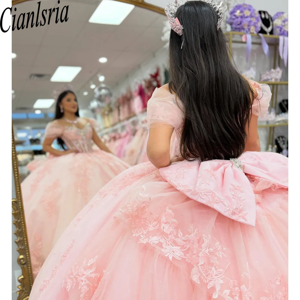 Light Pink Quinceanera Dresses Ball Gown Off Shoulder Sweet 16 Vestido de 15 Anos 3D Floral Appliques Tulle Prom Dress