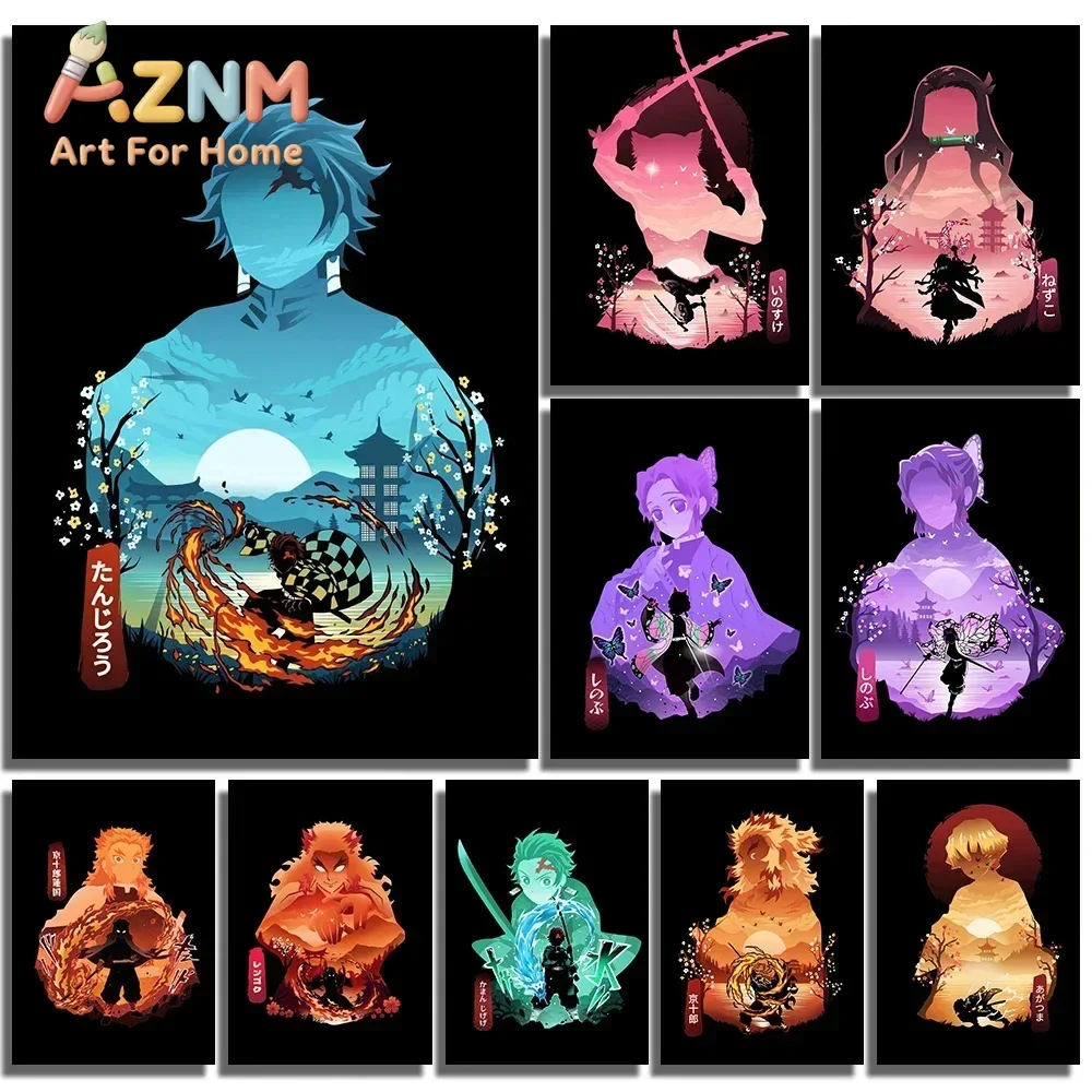 AZNM Demon Slayer Anime Silhouette Canvas Wall Art Tanjiro Nezuko Shinobu Rengoku Canvas Print Bedroom Home Decor Poster