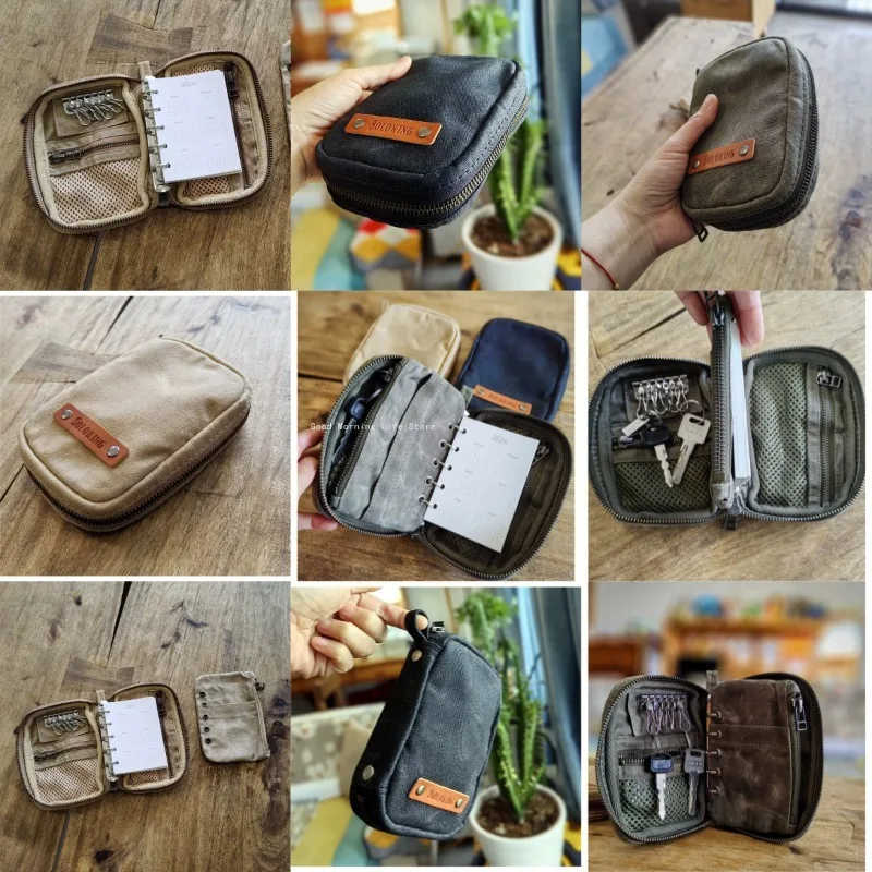 A8 Handmade Retro Style Portable Oil Wax Canvas Zipper Loose Leaf Storage Bag Keys Note Taking Card Bag Multifunctional Bag