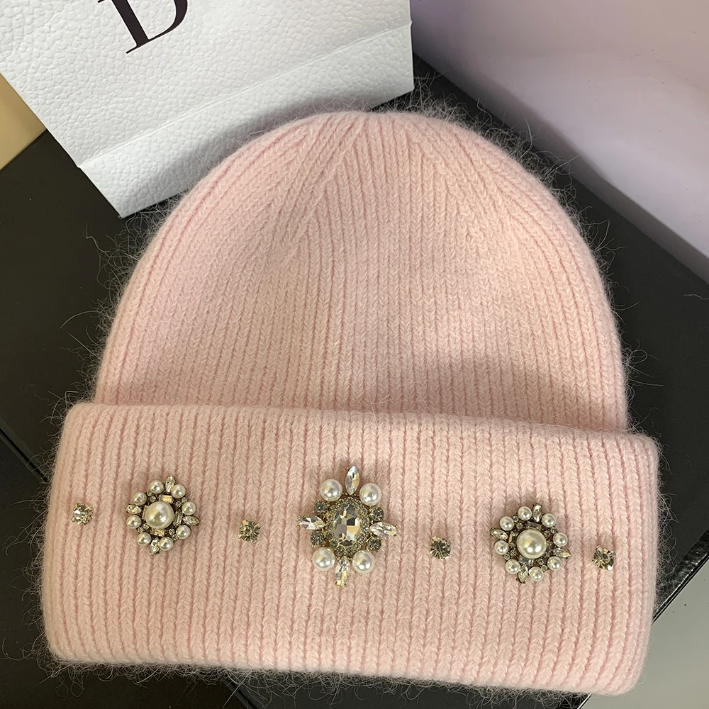 Designer Brand Women Winter Hats Luxury Rhinestones Rabbit Fur Knitted Hat Female Thicken Warm Knit Bonnet Skullies Beanies