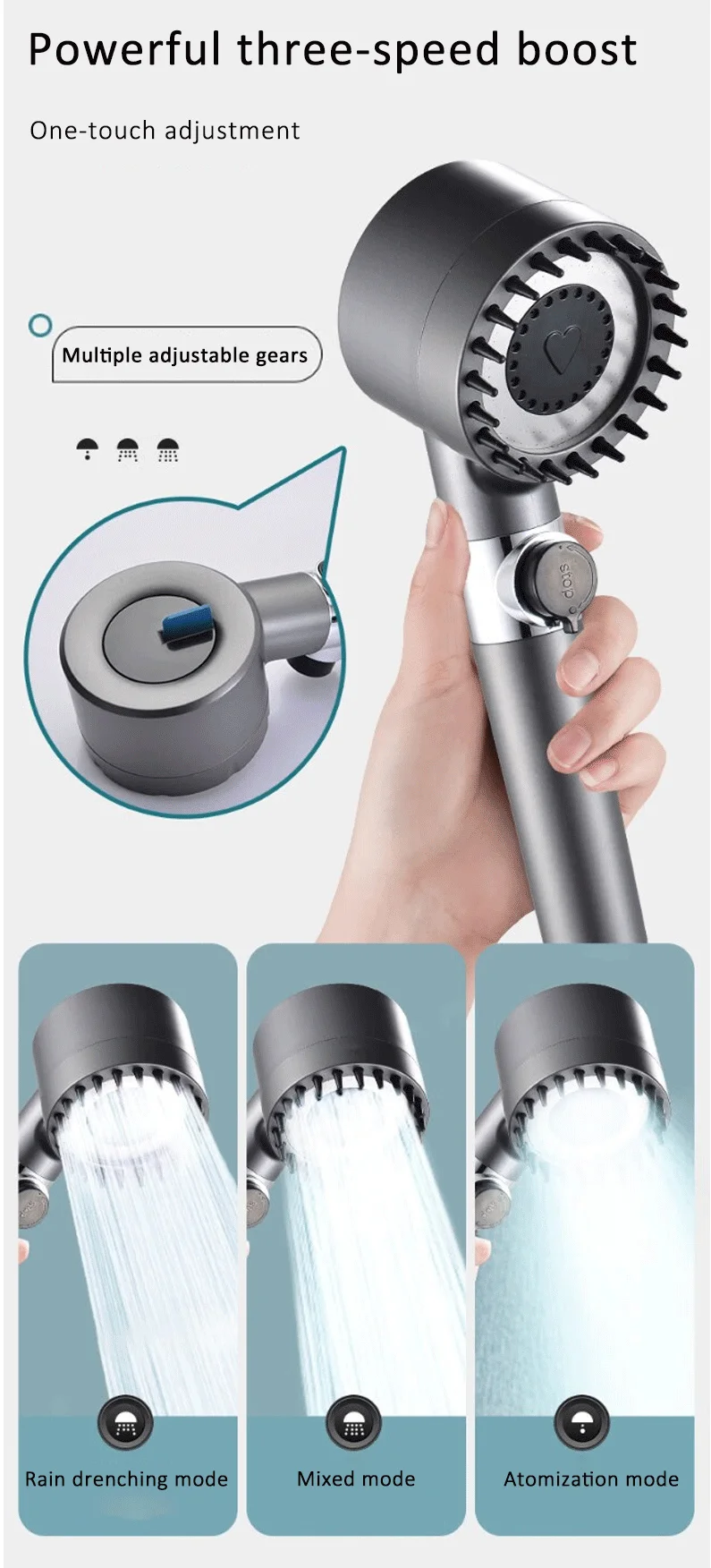 3-Modus-Hochdruck-Duschkopf, verstellbarer Duschkopffilter mit Massagebürste, One-Key-Stop-Dusche, Badezimmer-Zubehör – Detail 4