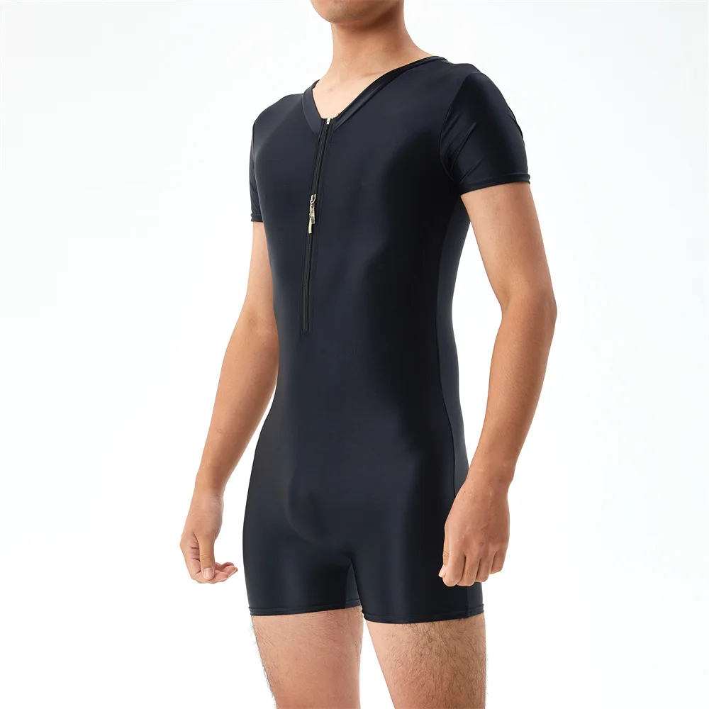 Sexy Men Undershirts Zipper Shorts Sleeve Seamless See Through Bodysuits Singlet Leotard Elastic Slip Sheer Jumpsuits Underwear