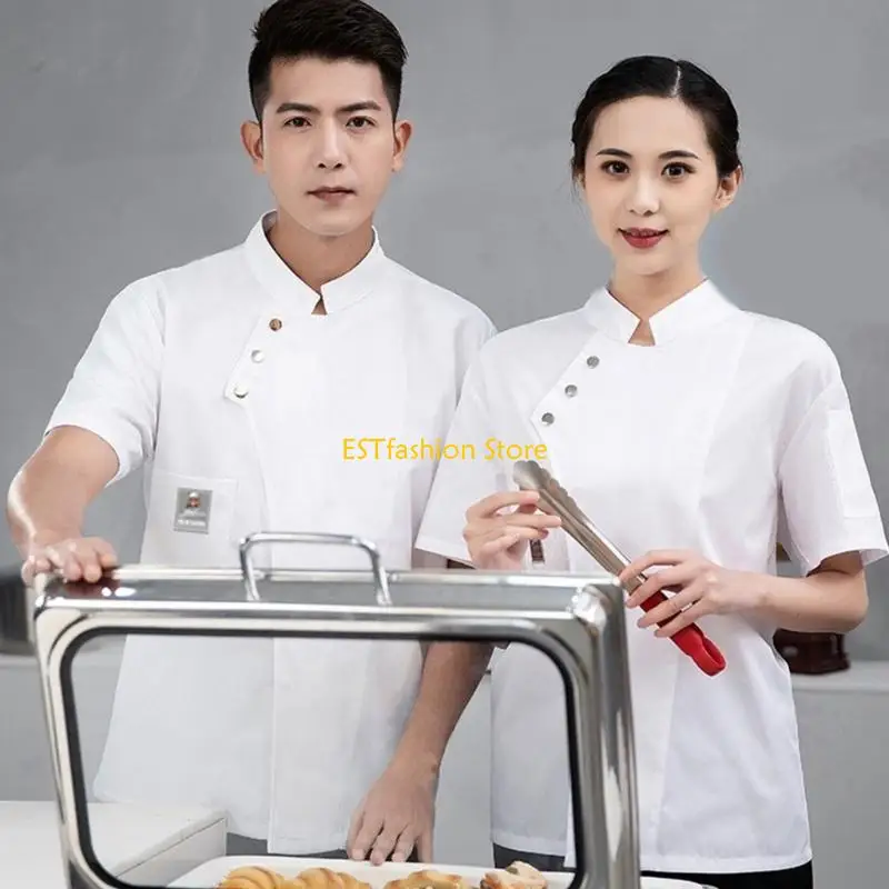 Y5GC Practical Restaurant Workwears Chefs Shirt Button Closure Short Sleeves Unisex Kitchen Attires