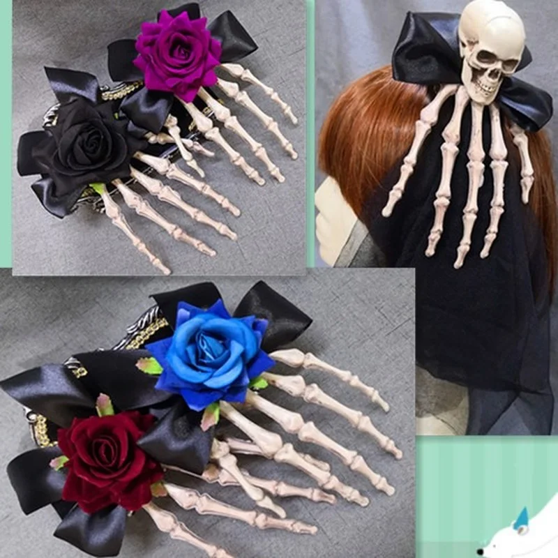 

1pcs Skeleton Hand Hairpin Rose Bow Claw Gauze Gothic Net Girl Role Play Horror Party Supplies Hair Accessories Halloween