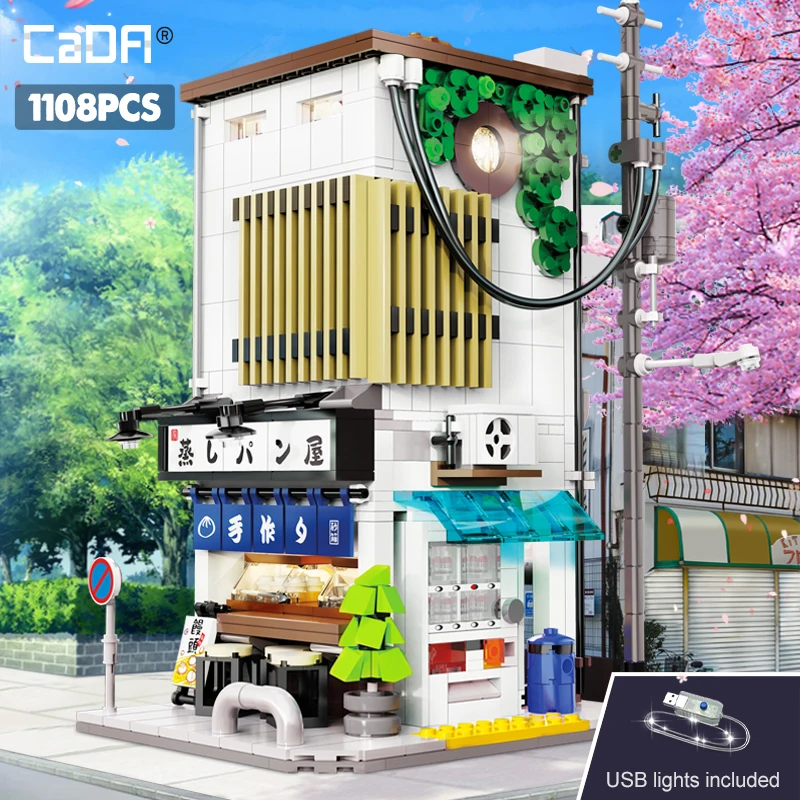 1108 Pcs Cada City LED Japanese Steamed Bun House Architecture Building Blocks Friends Shop Figures Bricks Toys for Kids Gifts