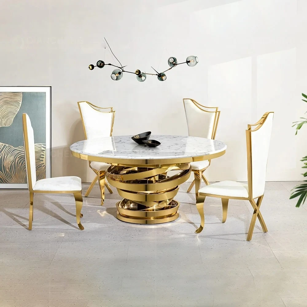 

China Round Dining Room Table and Chairs 10 Seater Set in Black Gold Color Furnitures Luxury Modern 60 Inch Round Table Dinning