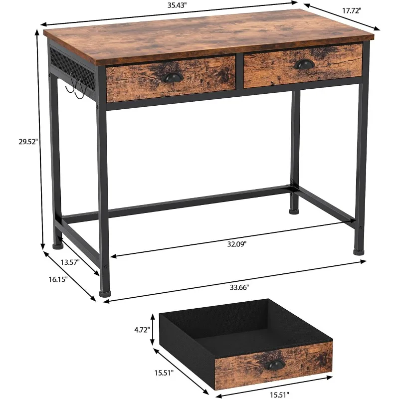 Computer Desk with 2 Fabric Drawers, 36 Inch Small Home Office Writing Desk, Vanity Desk with Hooks, Simple Study Desk