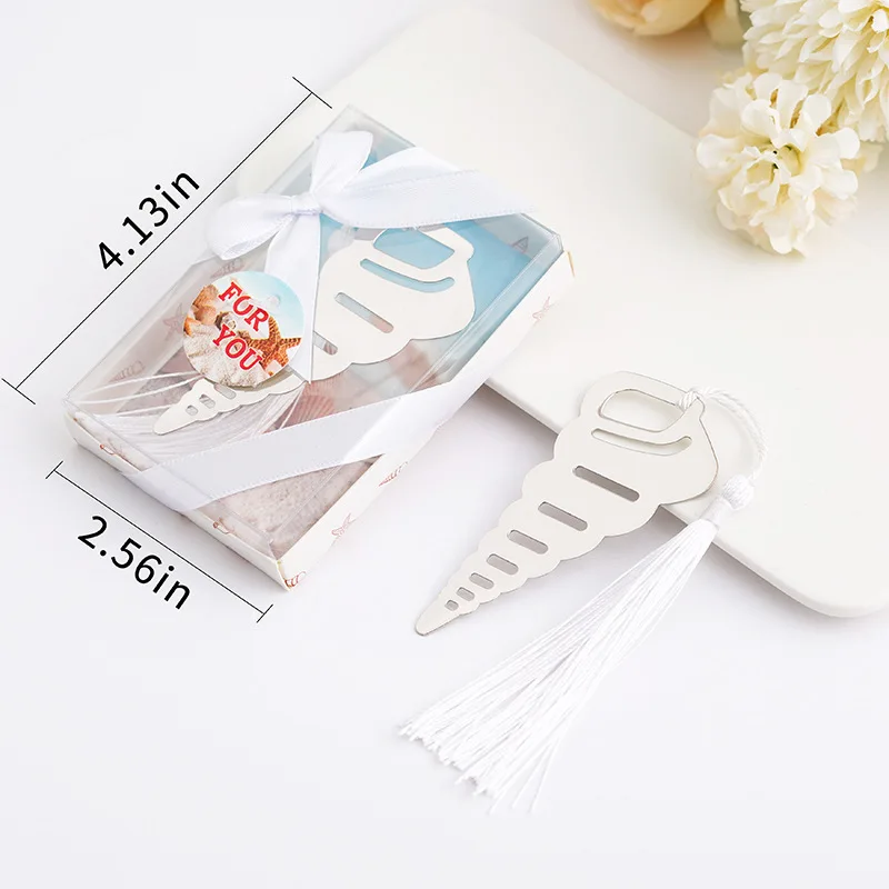 

20pcs Stainless Steel Conch Bookmark White Tassels For Wedding Christmas Baby Shower Party Birthday Favor Gift Souvenirs