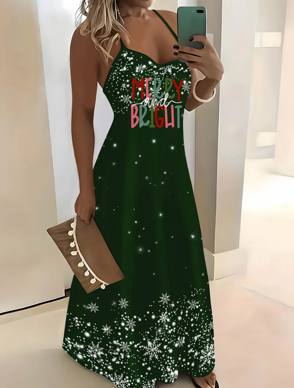 Printed Design Summer vacation style happy bright snowflake star thin shoulder strap dress