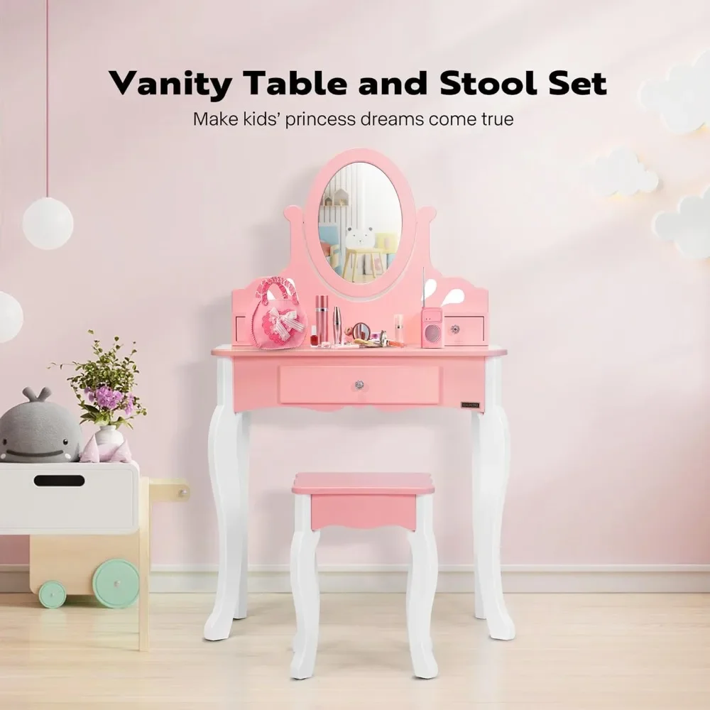 Kids Vanity Set, Princess MDF Makeup Dressing Table with 360° Rotating Mirror and Drawers for Girls, Pink