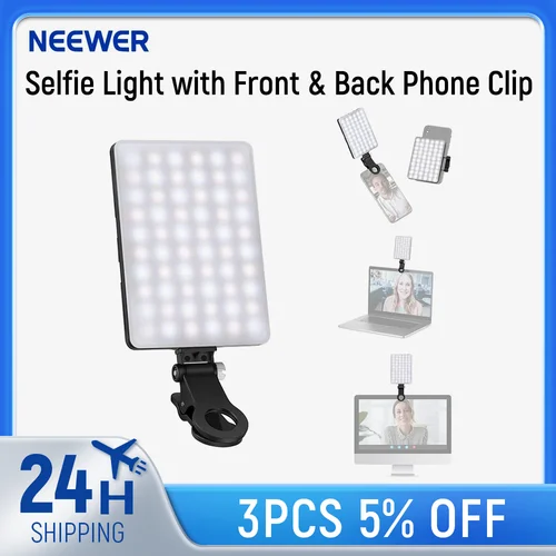 NEEWER Luz para selfies con clip para teléfono frontal y trasera, alta potencia 60 LED 2000 mAh recargable CRI 95+ 3 modos de luz para tableta/portátil