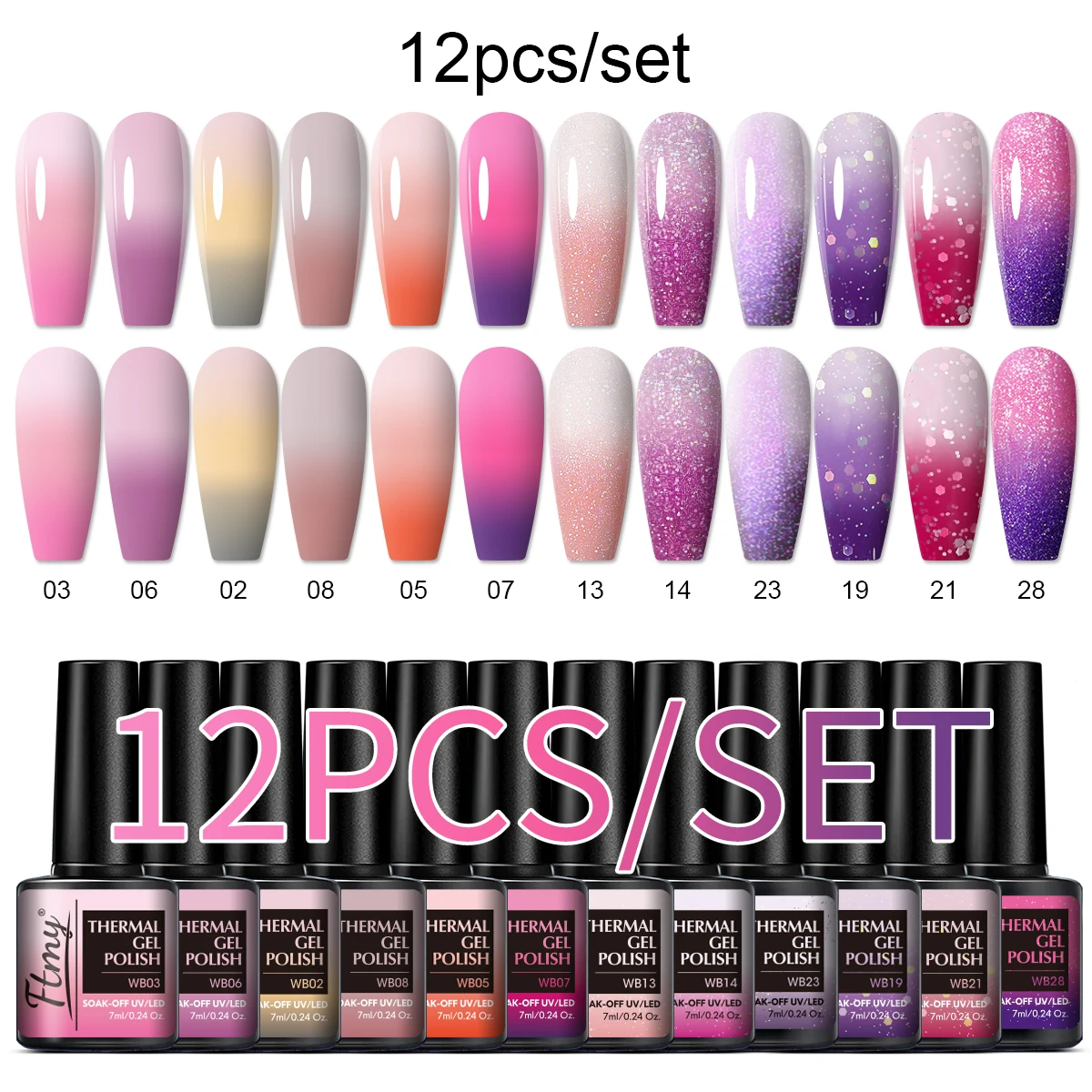 12Color Changing Gel Nail Polish With Sequins, Mood Shifting UV Soak Off Gel Polish, Shiny Temperature Change Nail Art Kit For S