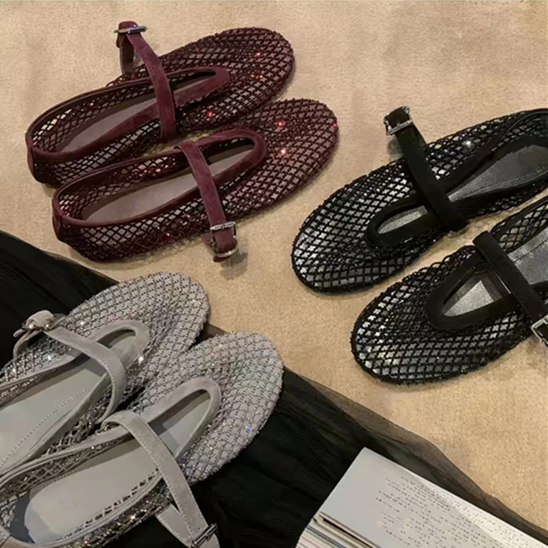 

Spring 2026 New Flat Flash Diamond Hollow Fishing Net Shoes Mary Jane Shoes