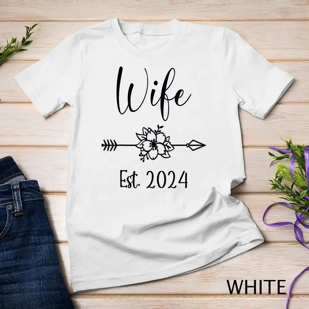 Wife Est 2024 Just Married Honeymoon Wedding Couples Women Unisex T-shirt High Quality 100%Cotton Short Sleeve