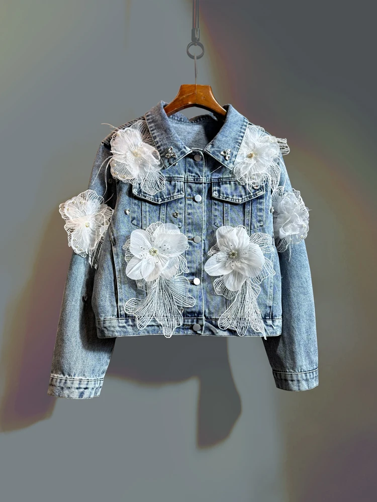

Корейская модная роскошная джинсовая куртка с милыми лацканами и 3D цветочным принтом, женская весенняя свободная уличная куртка с длинными рукавами 2025, пальто