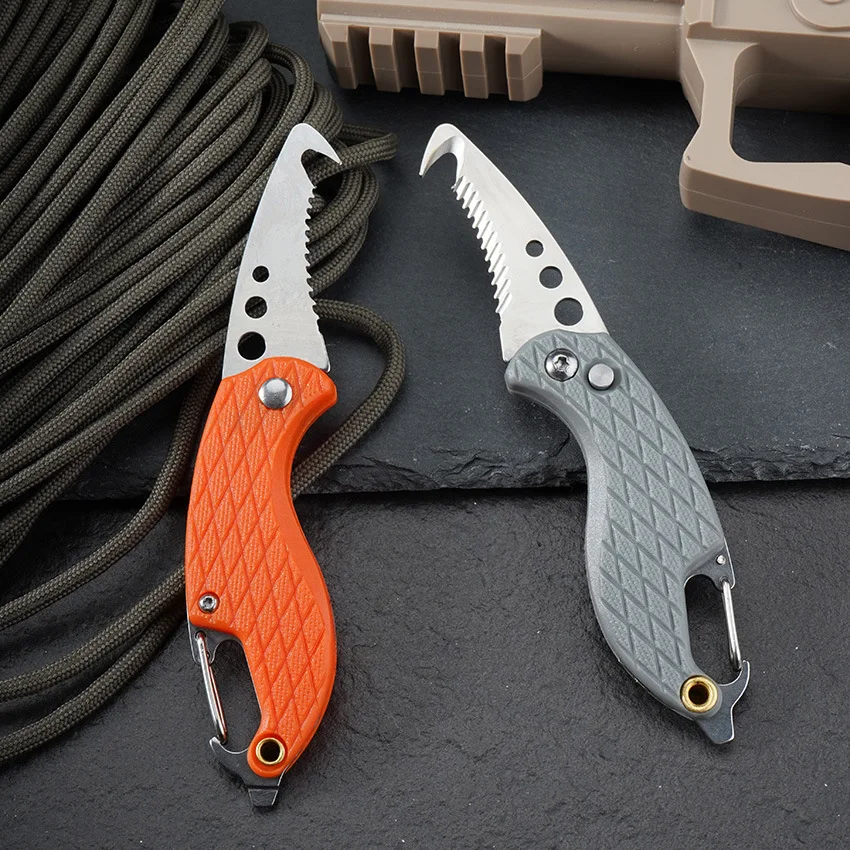 Outdoor box opener knife, new multi-functional hook serrated folding knife, mountaineering tools, bottle opener, key chain knife