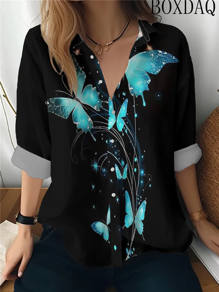 Autumn Women's Blouse 2026 Casual Long Sleeved Lapel Button Butterfly Gradient Printed Loose And Elegant Shirts