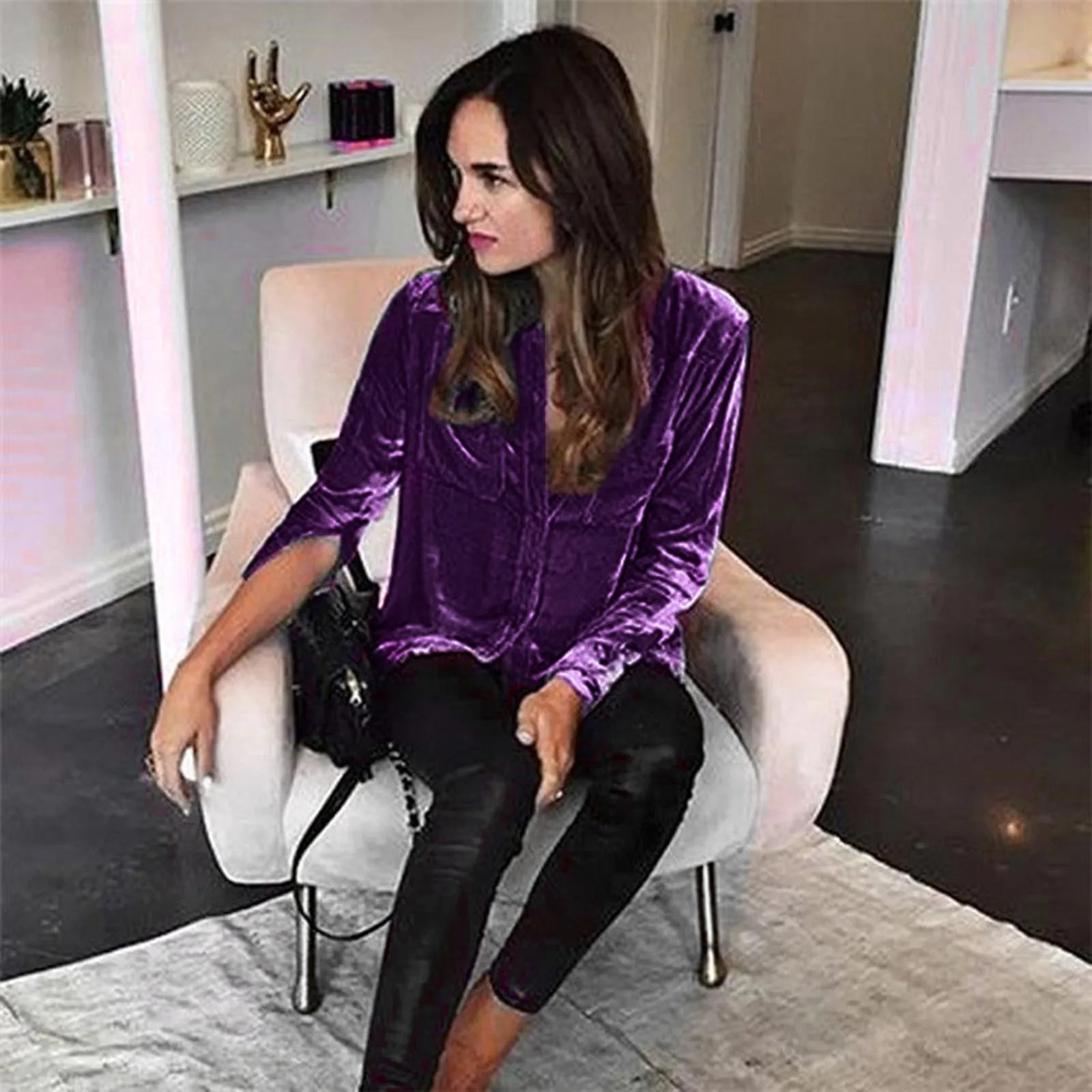 Elegant Women Velvet Shirts Double Pocket Design Solid Color Shirt Autumn Winter Casual Button Blouse Top Blusas Para Mujer