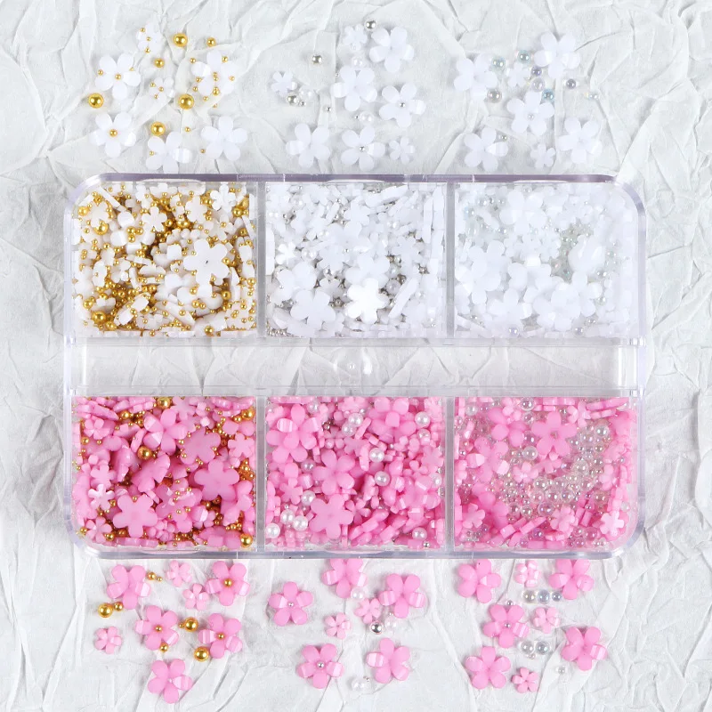 6 Slots/box Trendy Resin Flower With Pearls Nail Charms Decoration Press On Nails Art Design Accessories Manicure Ornament