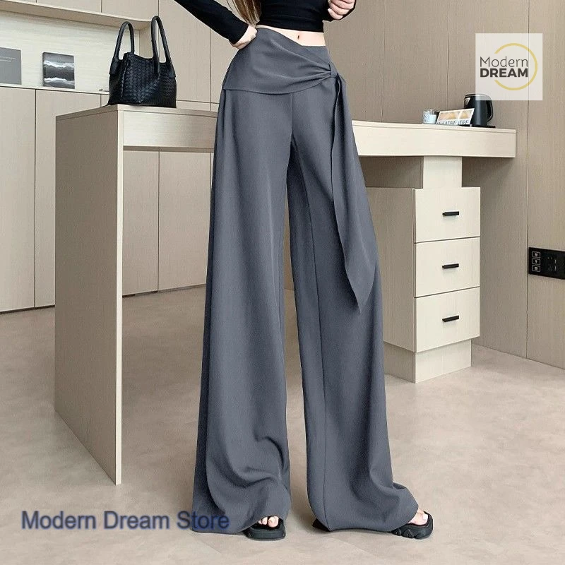 

Korean-style lace-up high waist wide-leg pants women's spring and autumn fashion design sense Joker drape straight casual pants.
