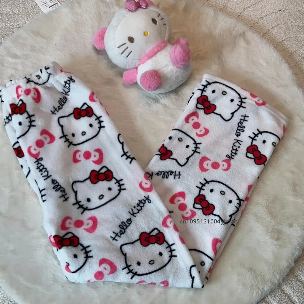 Piyama flanel Sanrio Hello Kitty Kuromi baru 2025 celana hangat bulu domba kasual musim dingin wanita celana pakaian rumah santai hadiah anak perempuan