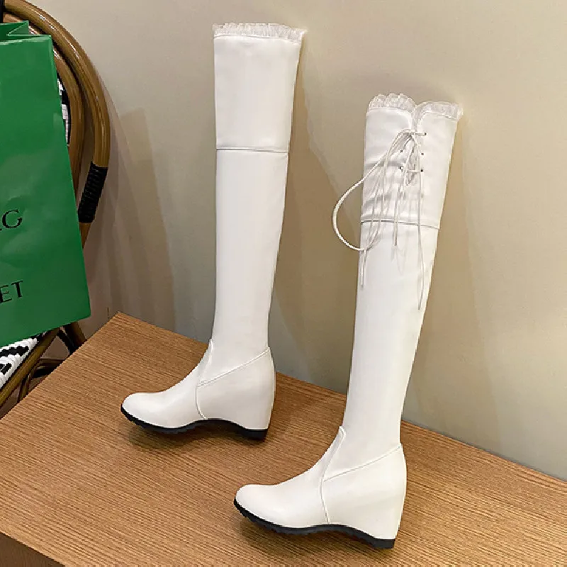 Fashion Thigh High Boots Women Black White Sexy Stretch Over the Knee Boot Female Height Increasing Wedge Winter Tall Long Shoes view 4