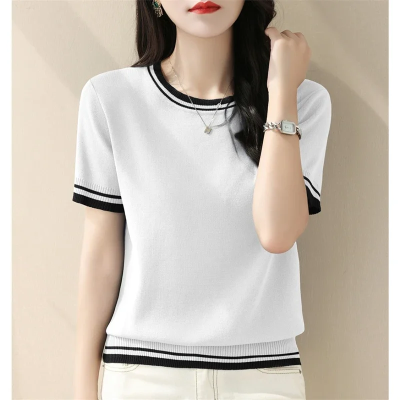 

Women Korean Fashion Contrast Color Elegant Knitted T-shirt 2025 New Summer Female Casual O Neck Short Sleeve Slim Pullover Tops