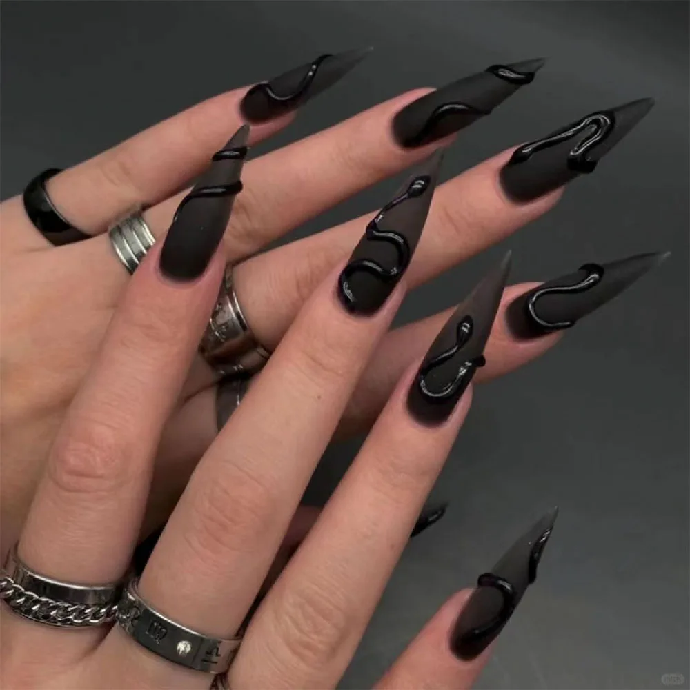 24pcs long false nail black water drop nail, all cover press-on nail, black snake winding nail design, suitable for cool girl