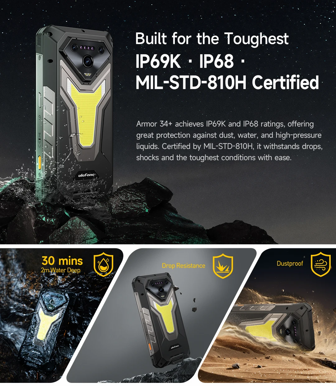 Ulefone Armor 34+ 5G Rugged Phone Smartphone Android 15 25500mAh 66W Up to 32GB+512GB 6.95" 120Hz Display Versatile LED Light