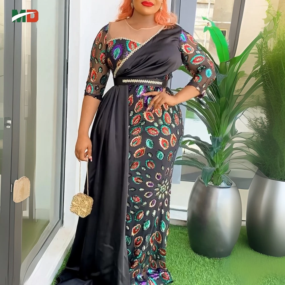 

MD New African Plus Size Kaftan Dress Wedding Party Sequin Peacock Gown Turkey Dress luxury elegant 2024 Dashiki African Clothes
