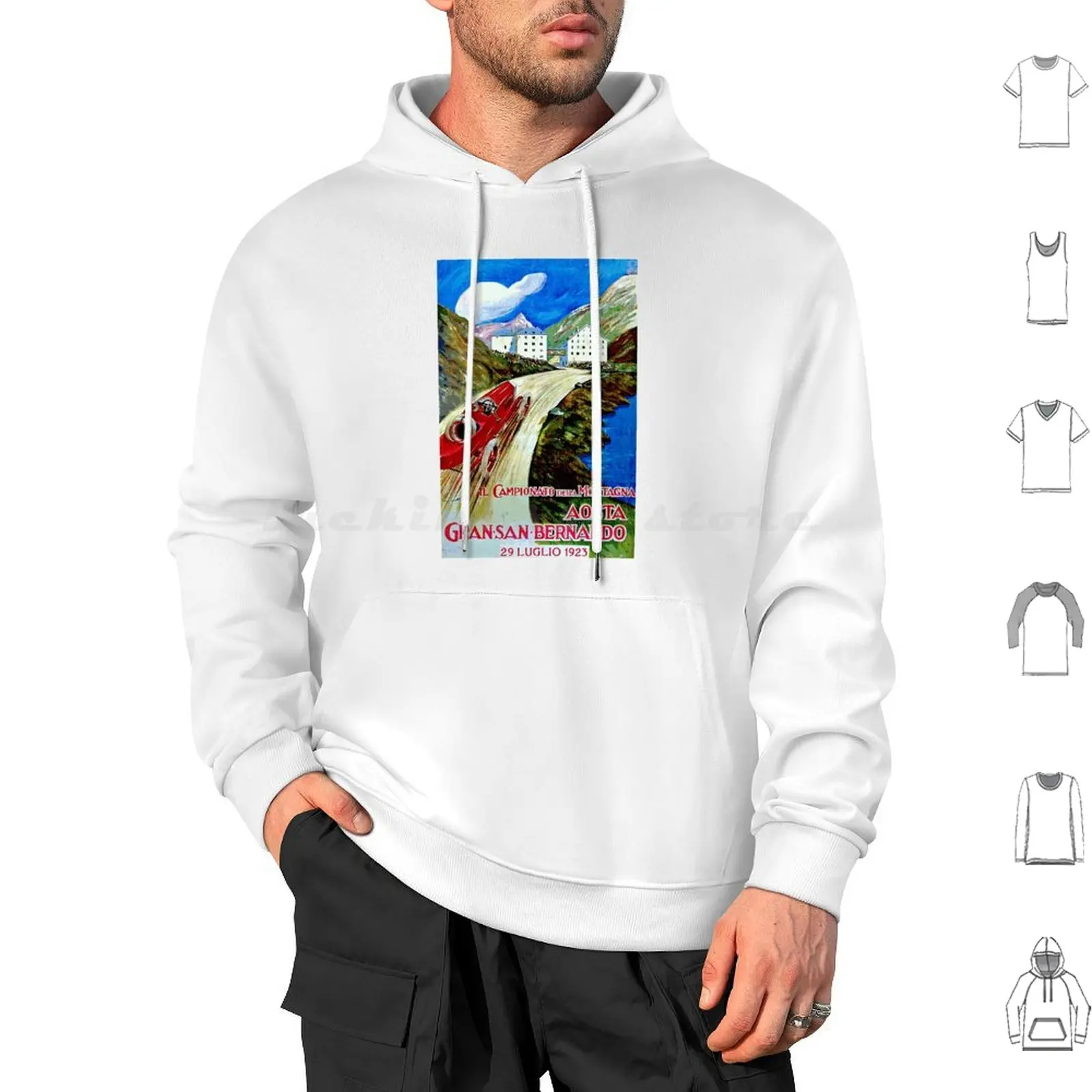"San Bernardo Grand Prix" Vintage Auto Racing Print Sudadera con capucha de algodón de manga larga San Bernardo Grand Prix Aosta Auto Racing