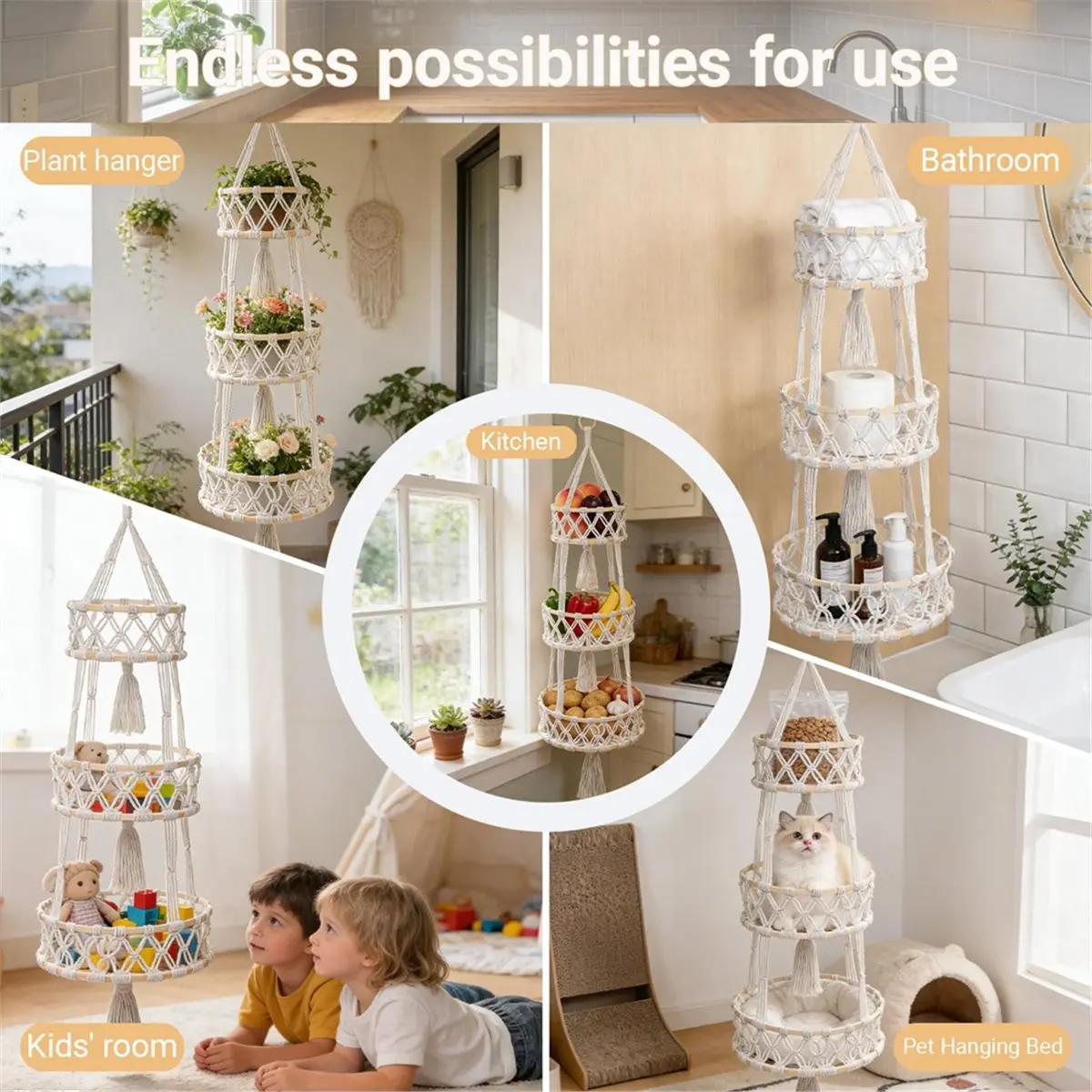 3 Tier Hanging Fruit Baskets for Kitchen, Macrame Plant Hanger Cotton Rope Handwoven Storage Organizer Basket