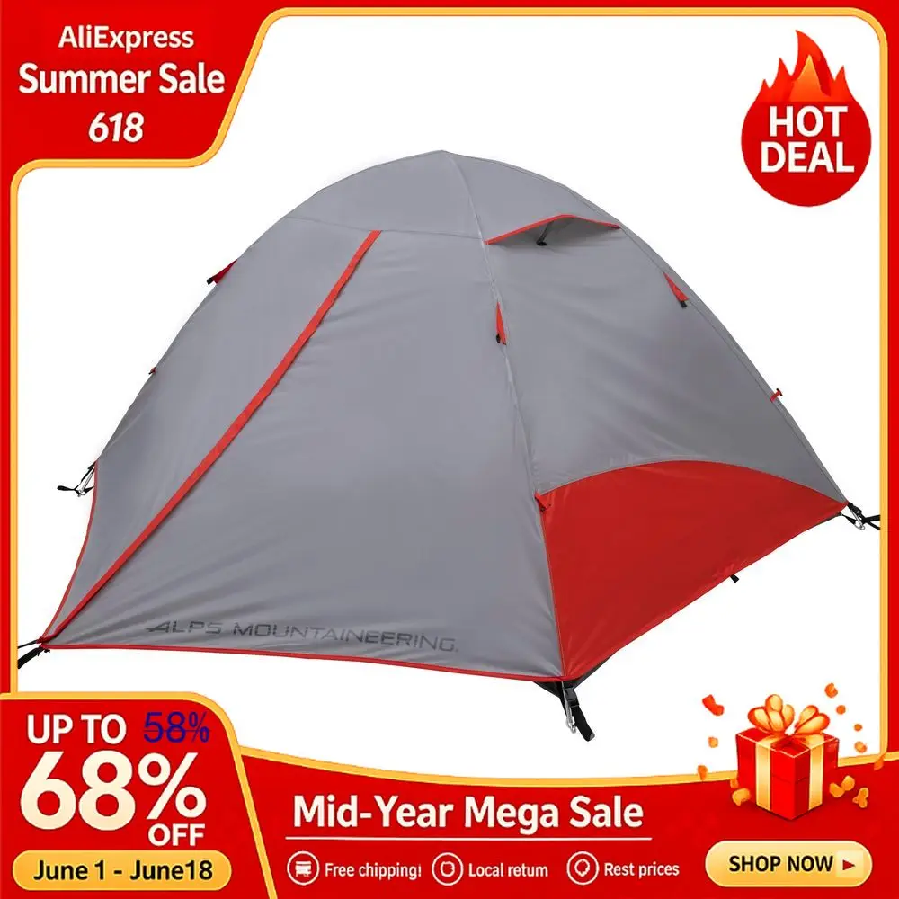 2Person Tent Gray Red, Lightweight, Ripstop Fabric, Trekking, Camping Tents