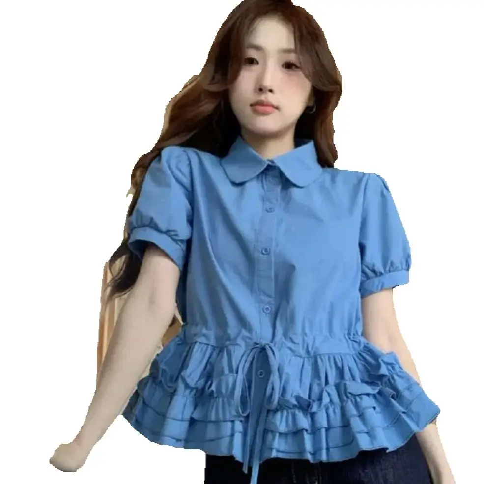 Sweet Doll Neck Black Earrings Shirt Women Summer New Casual Versatile Niche Design Puff Sleeve Waistband Lace-Up Short Shirt