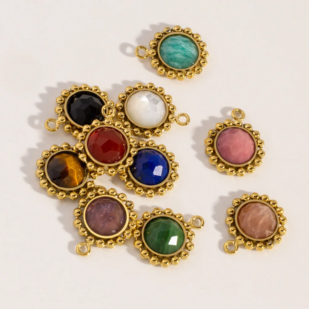 2Pcs Stainless Steel Multicolour Natural Stone Small Flower Steel Ball Edge Pendant Fine Polishing DIY Jewelry Accessorie