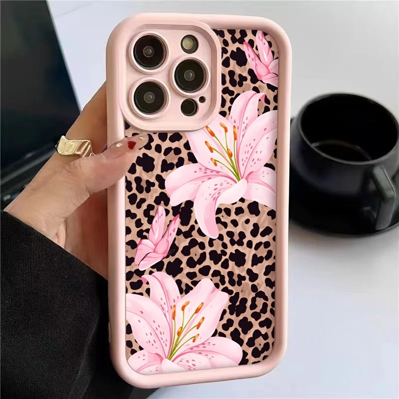

Pink Lily Flower Leopard Print Phone Case For Samsung Galaxy S26 S25 Ultra S24 FE S23 S22 S21 Plus A17 A37 A57 A56 A55 A54 Cover