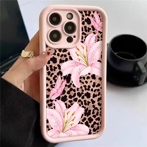 Pink Lily Flower Leopard Print Phone Case For iPhone 17 16 Pro Max 11 13 12 14 15 8 7 Plus XS XR X 16E 17E Shockproof TPU Cover