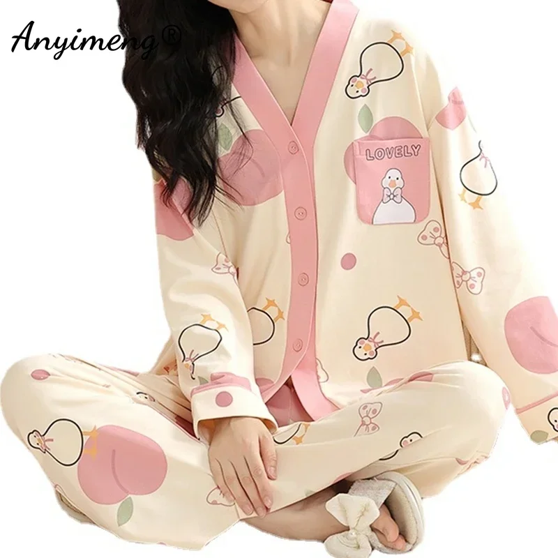 Cute Duck Printing Autumn Winter New Kimono Lapel Woman Pajamas Set Elegant Lady Kawaii Pijamas Set Girls Leisure Loungewear Pjs