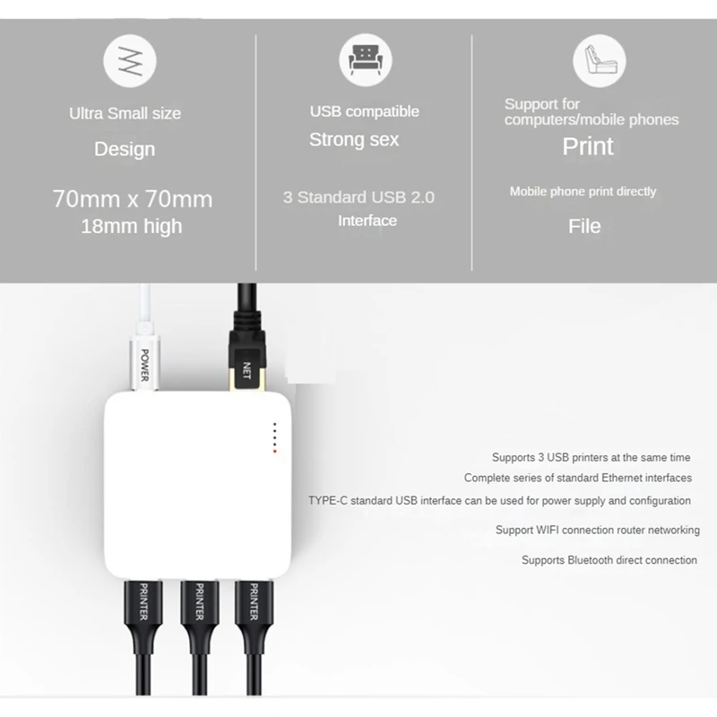 NP332 3-Port USB Network Print Server Multi-Interface Network Print Server Durable Easy Install (Network Version)